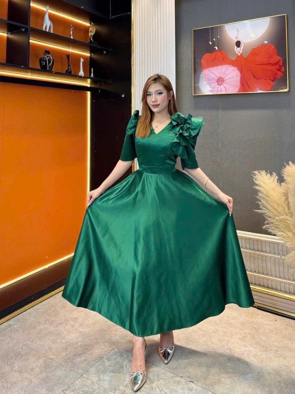 Filipiniana Elegant Green V-Neck Midi Dress with Ruffled Shoulders Fits S to L